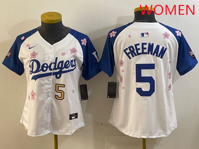 Women Los Angeles Dodgers 5 Freeman White Blue Sakura Edition 2025 Nike MLB Jersey style 6